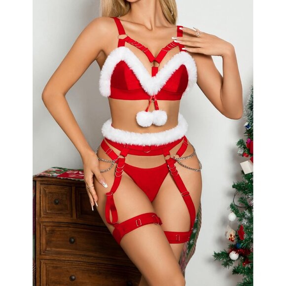 Women A-red Naughty 5 Piecs Lace Garter Belt Bodydoll Lingerie Set With Chain - Picture 3 of 9